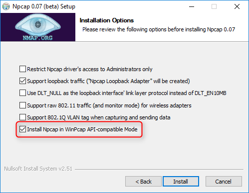 Npcap installer dialog showing the WinPcap API-compatible mode option that must be selected for use with EC-Master