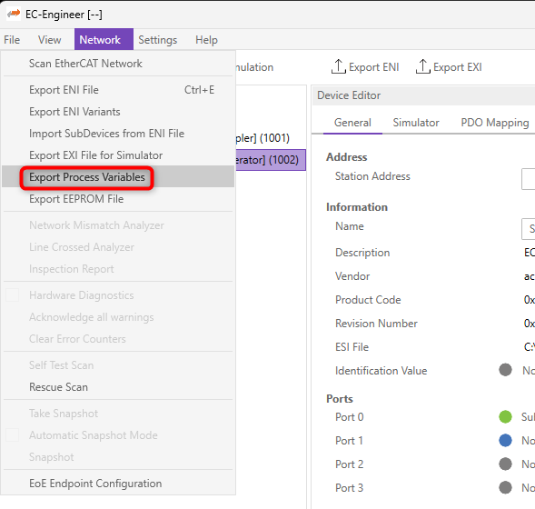 EC-Engineer Network menu showing the Export Process Variables option for generating a PD Layout C header file
