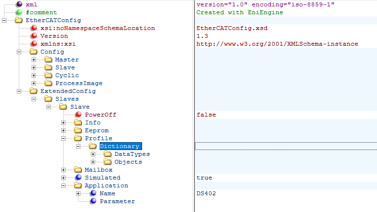 EC-Engineer EXI file editor showing a simulated SubDevice with the application name set to DS402 to enable motion with the internal DS402 state machine simulation