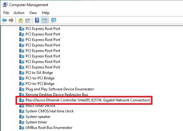 Windows Computer Management zoomed view of the RtaccDevice Ethernet Controller in System devices