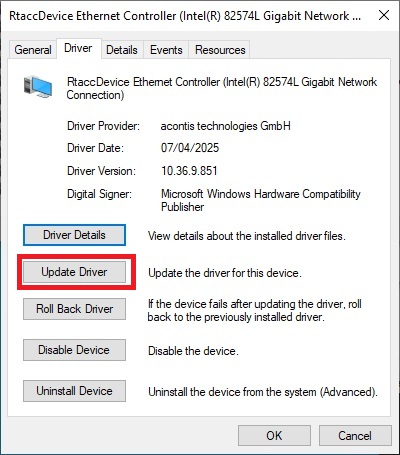 Windows Device Properties dialog for the RtaccDevice Ethernet Controller accessed via right-click Properties