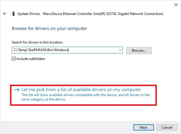 Windows Update Drivers dialog showing the Browse my computer for drivers option to revert RtaccDevice