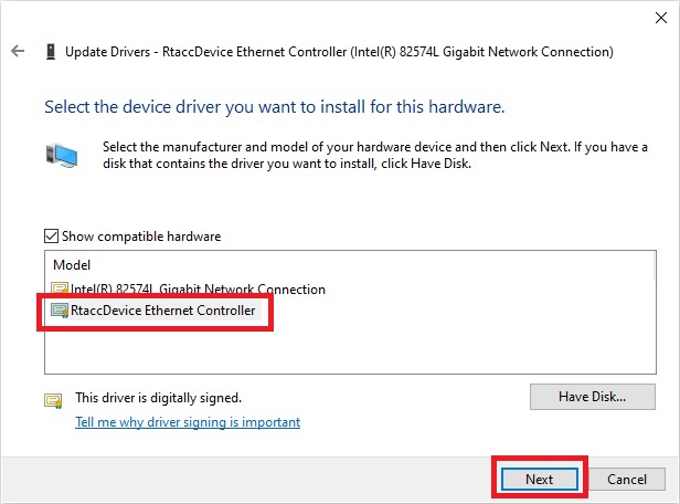 Windows driver selection dialog showing the original network adapter driver to restore after removing RtaccDevice