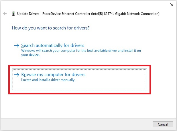 Windows Device Properties Driver tab showing the Update driver button for reverting the RtaccDevice assignment
