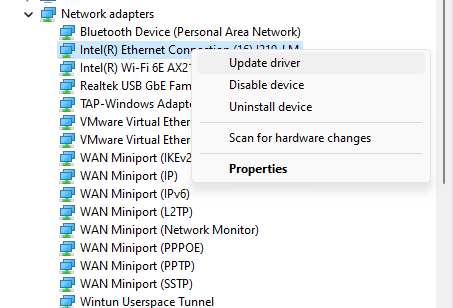 Windows Update Drivers dialog for assigning RtaccDevice to the network adapter