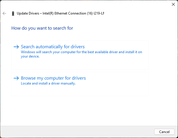 Windows Update Drivers dialog showing the Browse my computer for drivers option