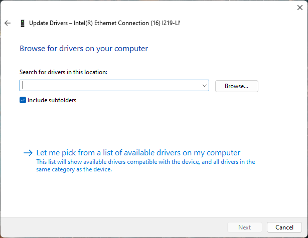 Windows driver search showing the Let me pick from a list of available drivers option