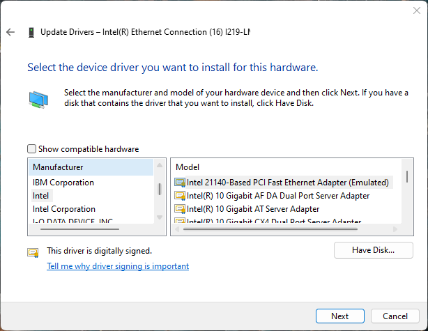 Windows driver list showing the Have Disk option for installing RtaccDevice from a specific directory