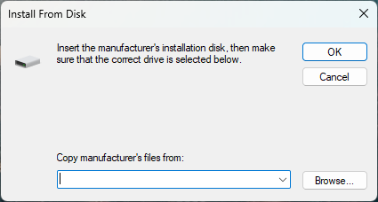 Windows Have Disk dialog for entering the RtaccDevice driver directory path such as the InstallPath Bin Windows x64 folder