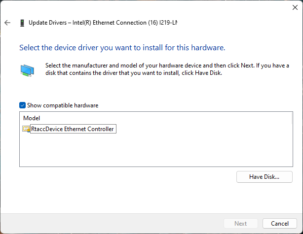 Windows driver selection list showing RtaccDevice ready to be chosen for the network adapter