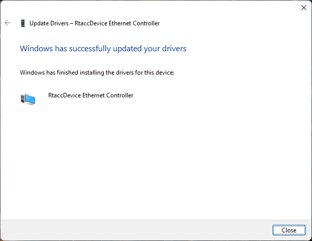Windows driver installation confirmation dialog for the RtaccDevice Real-time Ethernet Driver
