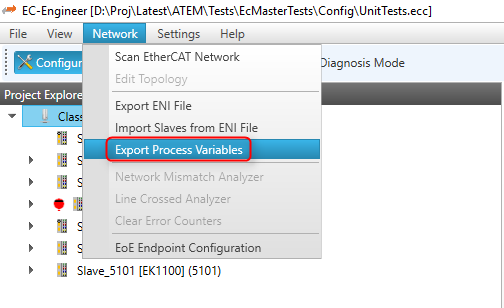 EC-Engineer Network menu showing the Export Process Variables option to generate a PD Layout C header file with SubDevice variable offsets