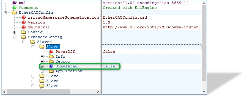 EXI file editor showing the EtherCATConfig/ExtendedConfig/Slaves/Slave/Simulated element for marking SubDevices as simulated in mixed mode