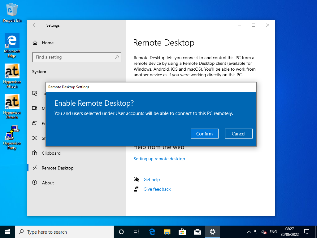 Confirm Windows 10 RDP Enable.