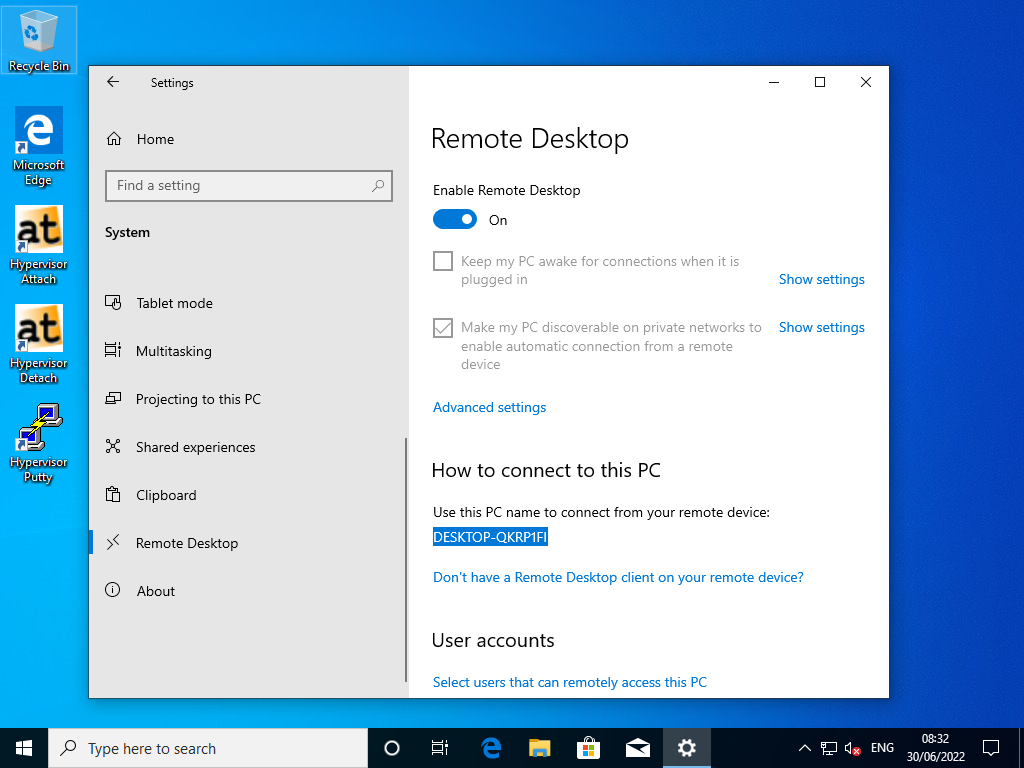 Windows 10 RDP Settings PC name highlighted.