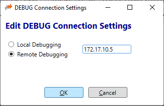 Debugging settings dialog. Remote IP entered.