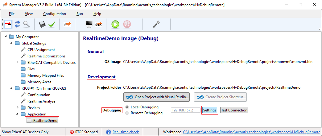 Select debugging settings.