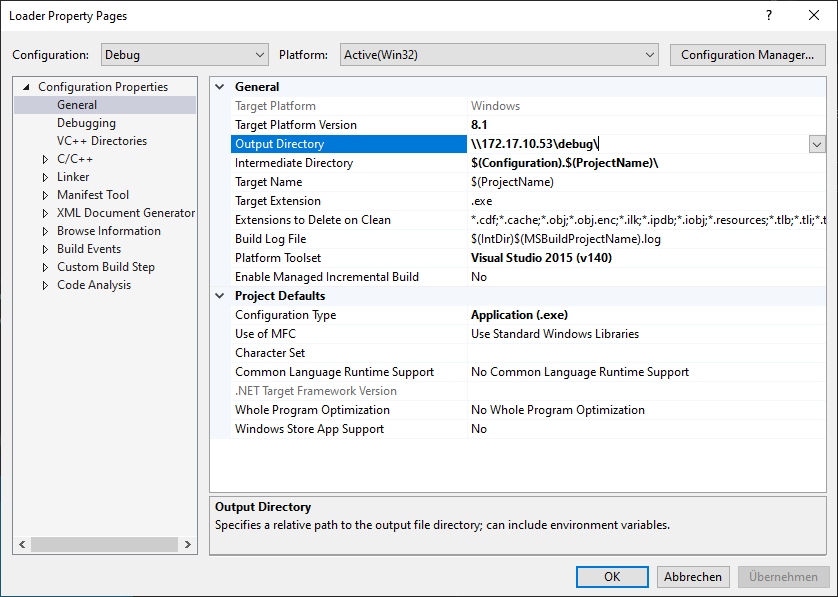 Visual Studio Loader Project Settings.