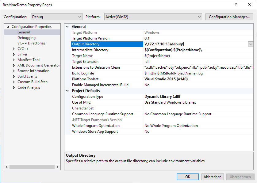Visual Studio RealtimeDemo Project Settings.