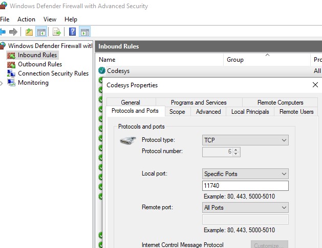 Firewall rule for CODESYS.