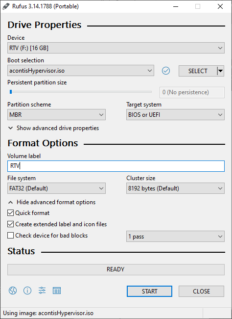 Rufus Settings for boot stick generation.