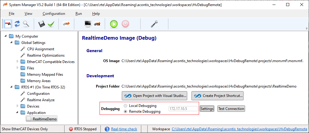 Debugging settings changed to remote IP.