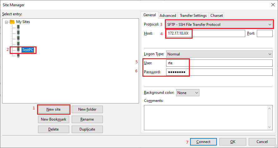 Filezilla site manager dialog.
