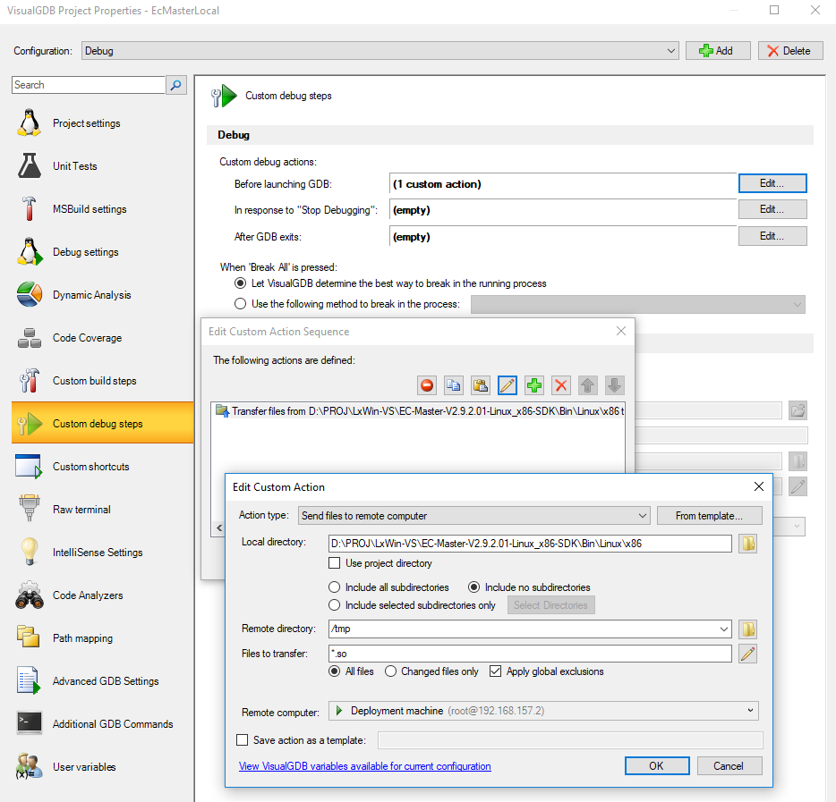 VisualGDB Custom debug steps